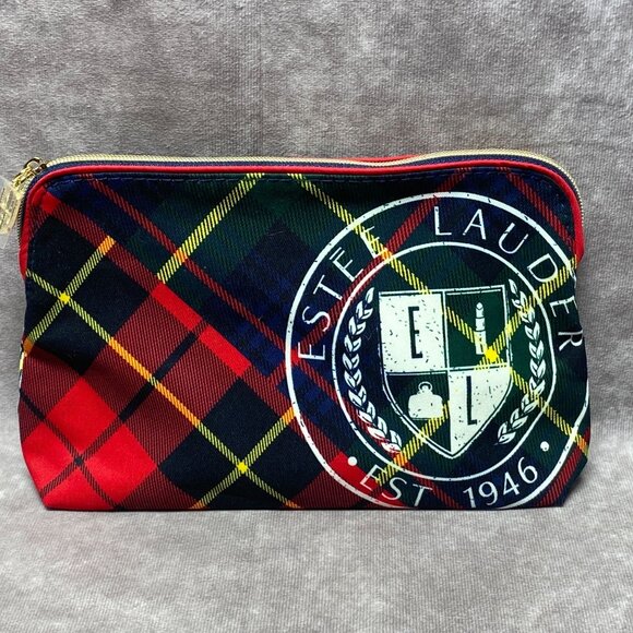 Estée Lauder Tartan Plaid Small Cosmetic Bag Recycled Material Red/Multicolor - Picture 1 of 11
